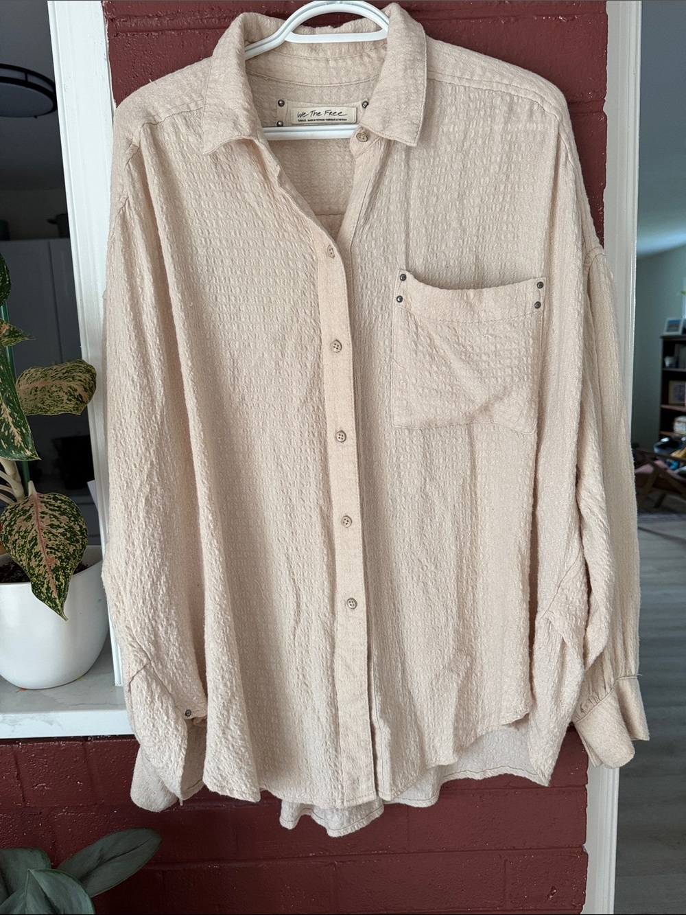We The Free Cream Textured Oversized Button-Down Shirt with Metal Stud Accents S